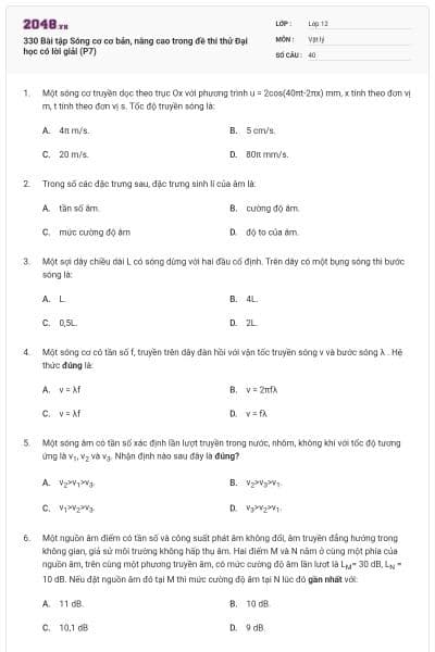 330 Bài tập Sóng cơ cơ bản, nâng cao trong đề thi thử Đại học có lời giải (P7)