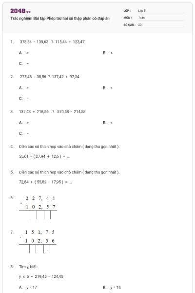Trắc nghiệm Bài tập Phép trừ hai số thập phân có đáp án