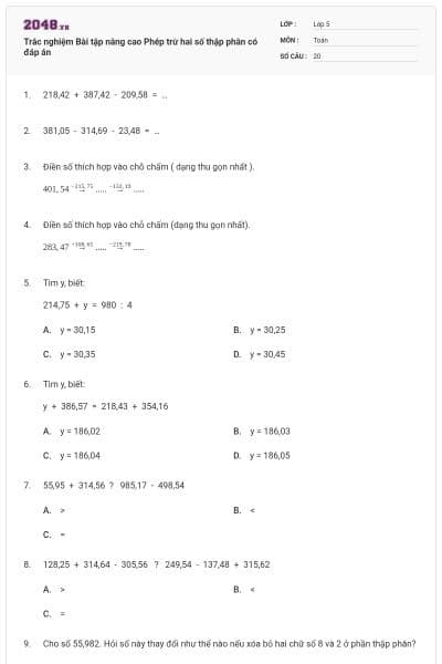 Trắc nghiệm Bài tập nâng cao Phép trừ hai số thập phân có đáp án