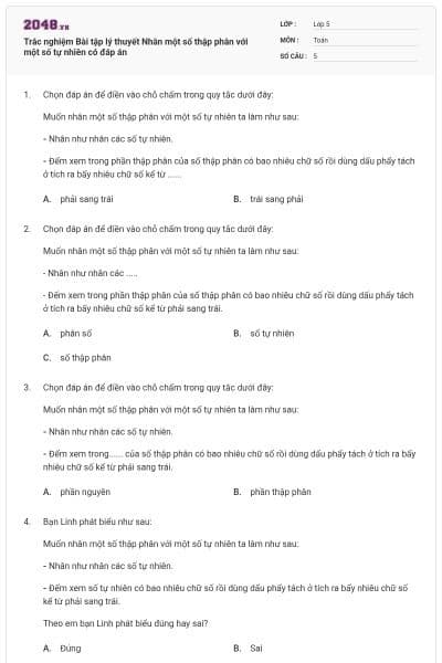Trắc nghiệm Bài tập lý thuyết Nhân một số thập phân với một số tự nhiên có đáp án