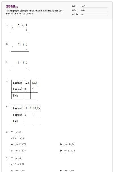 Trắc nghiệm Bài tập cơ bản Nhân một số thập phân với một số tự nhiên có đáp án