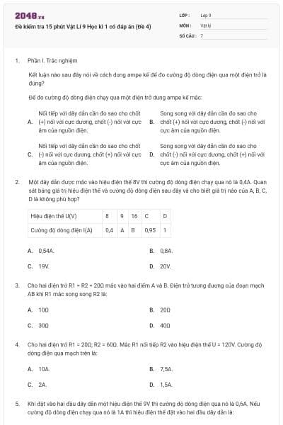 Đề kiểm tra 15 phút Vật Lí 9 Học kì 1 có đáp án (Đề 4)