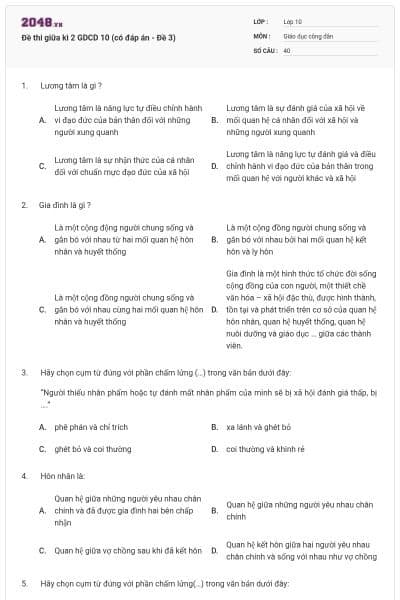 Đề thi giữa kì 2 GDCD 10 (có đáp án - Đề 3)