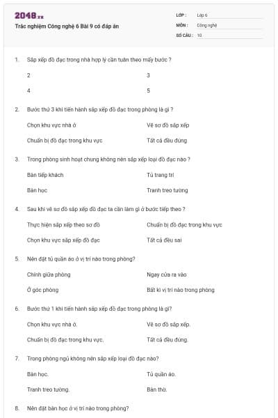 Trắc nghiệm Công nghệ 6 Bài 9 có đáp án