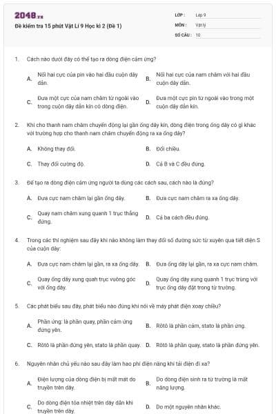 Đề kiểm tra 15 phút Vật Lí 9 Học kì 2 (Đề 1)