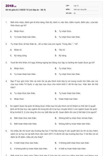 Đề thi giữa kì 2 GDCD 10 (có đáp án - Đề 4)