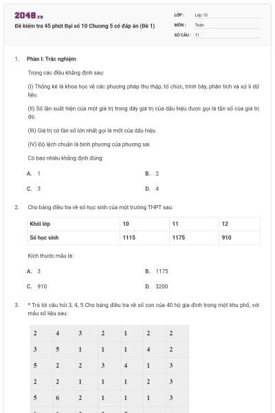 Đề kiểm tra 45 phút Đại số 10 Chương 5 có đáp án (Đề 1)