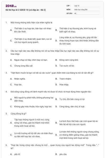 Đề thi Học kì 2 GDCD 10 (có đáp án - Đề 2)