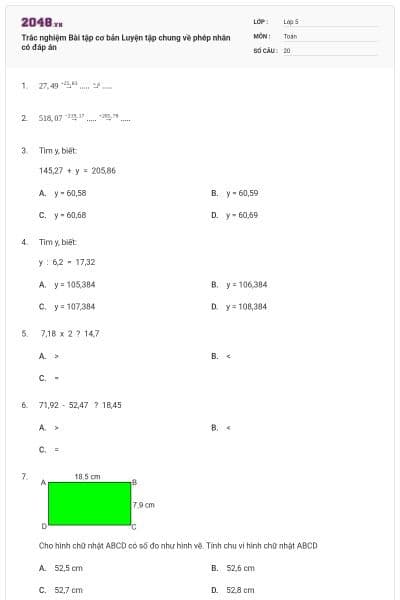 Trắc nghiệm Bài tập cơ bản Luyện tập chung về phép nhân có đáp án