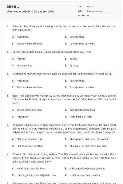 Đề thi Học kì 2 GDCD 10 (có đáp án - Đề 4)