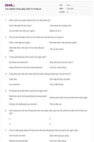 Trắc nghiệm Công nghệ 6 Bài 10 có đáp án