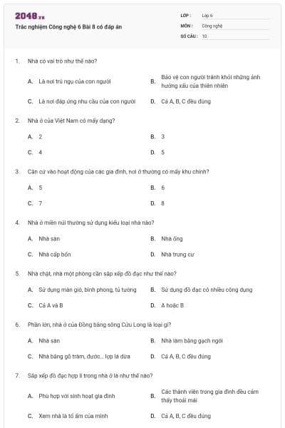 Trắc nghiệm Công nghệ 6 Bài 8 có đáp án