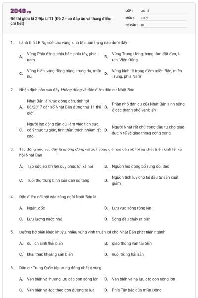 Đề thi giữa kì 2 Địa Lí 11 (Đề 2 - có đáp án và thang điểm chi tiết)
