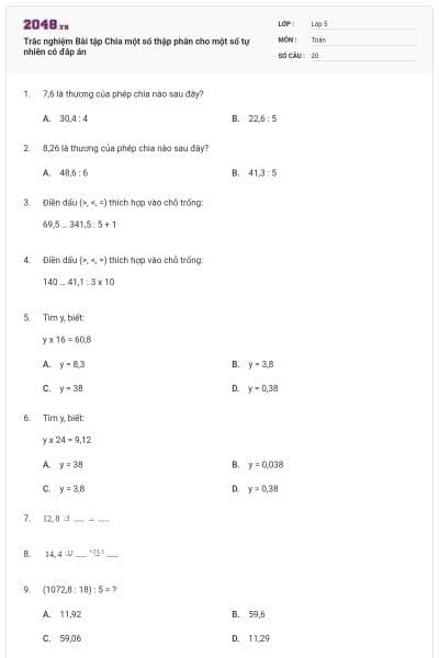 Trắc nghiệm Bài tập Chia một số thập phân cho một số tự nhiên có đáp án