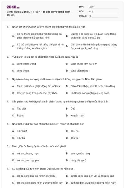 Đề thi giữa kì 2 Địa Lí 11 (Đề 4 - có đáp án và thang điểm chi tiết)