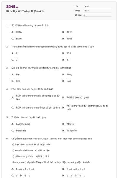 Đề thi Học kì 1 Tin học 10 (Đề số 1)