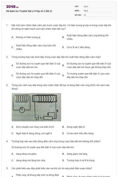 Đề kiểm tra 15 phút Vật Lí 9 Học kì 2 (Đề 2)