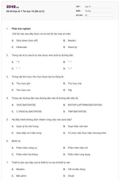 Đề thi Học kì 1 Tin học 10 (Đề số 2)