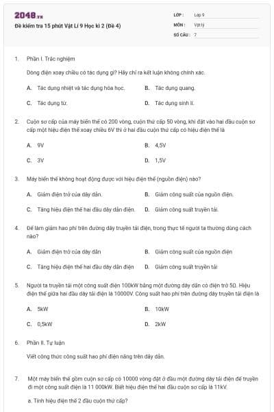 Đề kiểm tra 15 phút Vật Lí 9 Học kì 2 (Đề 4)