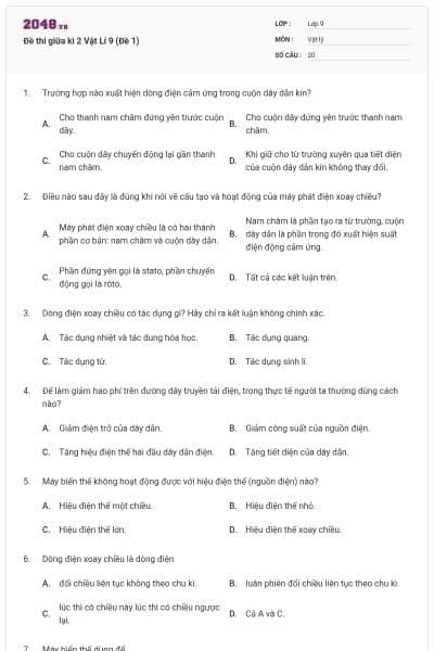 Đề thi giữa kì 2 Vật Lí 9 (Đề 1)