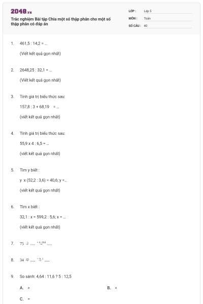 Trắc nghiệm Bài tập Chia một số thập phân cho một số thập phân có đáp án