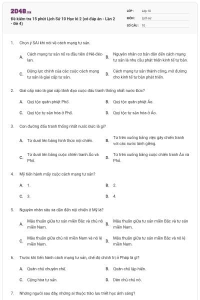 Đề kiểm tra 15 phút Lịch Sử 10 Học kì 2 (có đáp án - Lần 2 - Đề 4)
