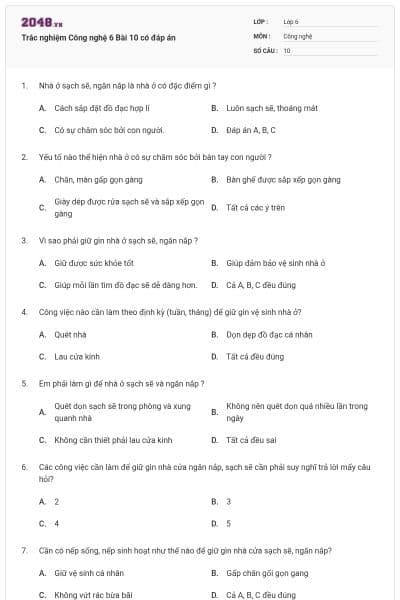 Trắc nghiệm Công nghệ 6 Bài 10 có đáp án