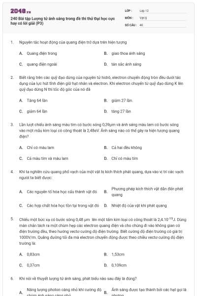 240 Bài tập Lượng tử ánh sáng trong đề thi thử Đại học cực hay có lời giải (P3)