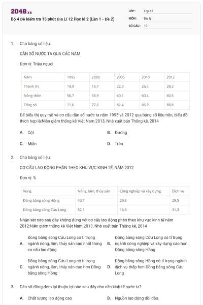 Bộ 4 Đề kiểm tra 15 phút Địa Lí 12 Học kì 2 (Lần 1 - Đề 2)