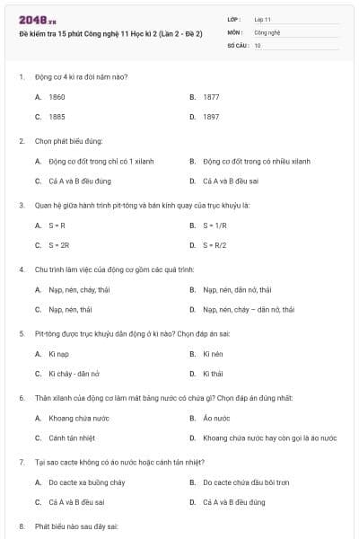 Đề kiểm tra 15 phút Công nghệ 11 Học kì 2 (Lần 2 - Đề 2)