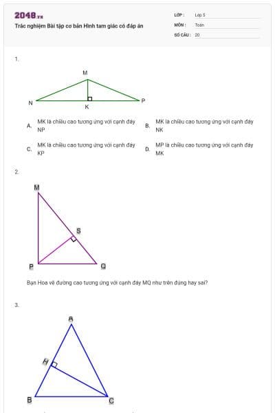 Trắc nghiệm Bài tập cơ bản Hình tam giác có đáp án