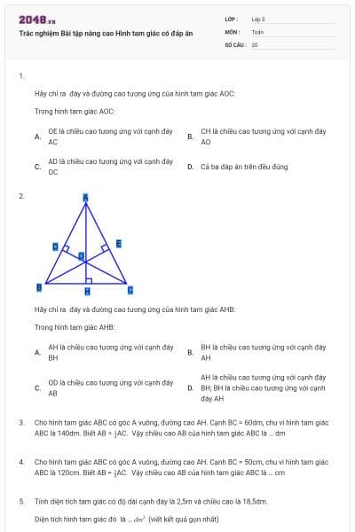 Trắc nghiệm Bài tập nâng cao Hình tam giác có đáp án