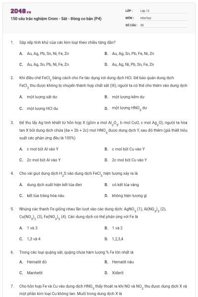 150 câu trắc nghiệm Crom - Sắt - Đồng cơ bản (P4)