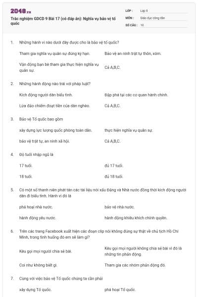 Trắc nghiệm GDCD 9 Bài 17 (có đáp án): Nghĩa vụ bảo vệ tổ quốc