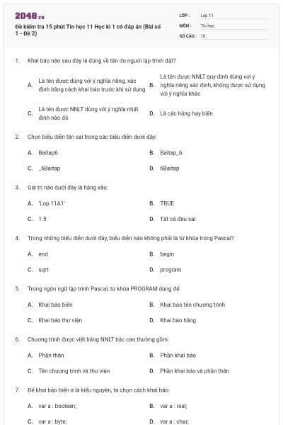 Đề kiểm tra 15 phút Tin học 11 Học kì 1 có đáp án (Bài số 1 - Đề 2)