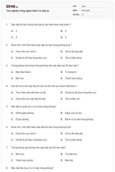 Trắc nghiệm Công nghệ 6 Bài 9 có đáp án