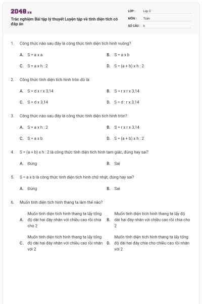 Trắc nghiệm Bài tập lý thuyết Luyện tập về tính diện tích có đáp án