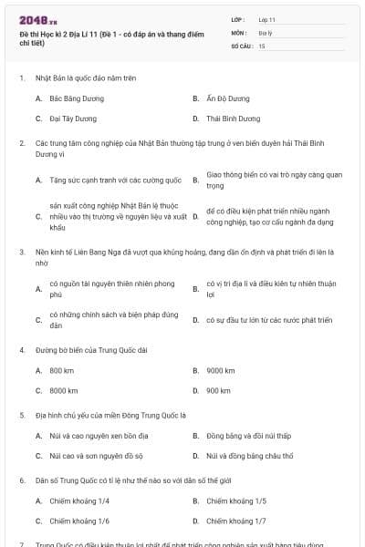 Đề thi Học kì 2 Địa Lí 11 (Đề 1 - có đáp án và thang điểm chi tiết)