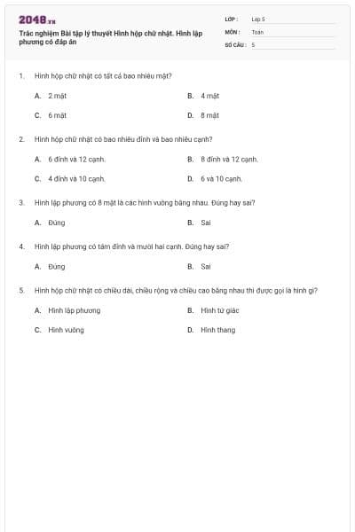 Trắc nghiệm Bài tập lý thuyết Hình hộp chữ nhật. Hình lập phương có đáp án