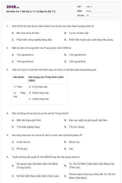 Đề kiểm tra 1 tiết Địa Lí 11 có đáp án (Đề 71)