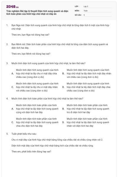 Trắc nghiệm Bài tập lý thuyết Diện tích xung quanh và diện tích toàn phần của hình hộp chữ nhật có đáp án