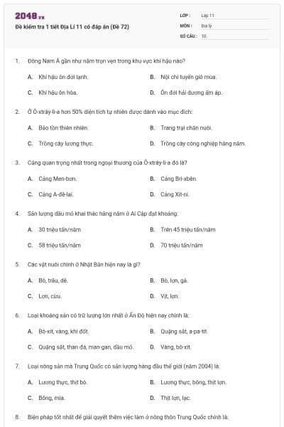 Đề kiểm tra 1 tiết Địa Lí 11 có đáp án (Đề 72)