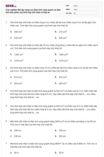 Trắc nghiệm Bài tập nâng cao Diện tích xung quanh và diện tích toàn phần của hình hộp chữ nhật có đáp án