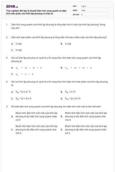 Trắc nghiệm Bài tập lý thuyết Diện tích xung quanh và diện tích toàn phần của hình lập phương có đáp án