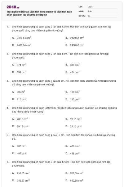 Trắc nghiệm Bài tập Diện tích xung quanh và diện tích toàn phần của hình lập phương có đáp án