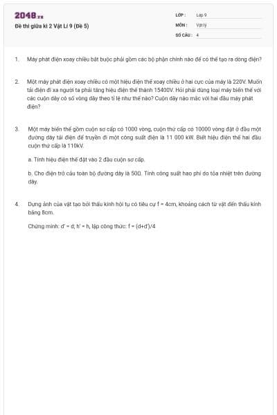 Đề thi giữa kì 2 Vật Lí 9 (Đề 5)