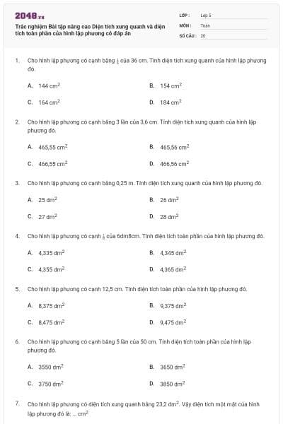 Trắc nghiệm Bài tập nâng cao Diện tích xung quanh và diện tích toàn phần của hình lập phương có đáp án