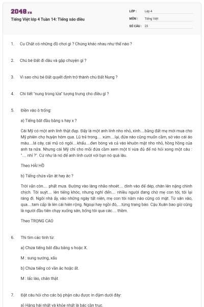 Tiếng Việt lớp 4 Tuần 14: Tiếng sáo diều