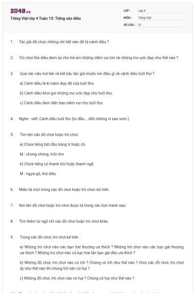 Tiếng Việt lớp 4 Tuần 15: Tiếng sáo diều