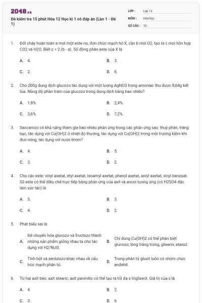 Đề kiểm tra 15 phút Hóa 12 Học kì 1 có đáp án (Lần 1 - Đề 1)